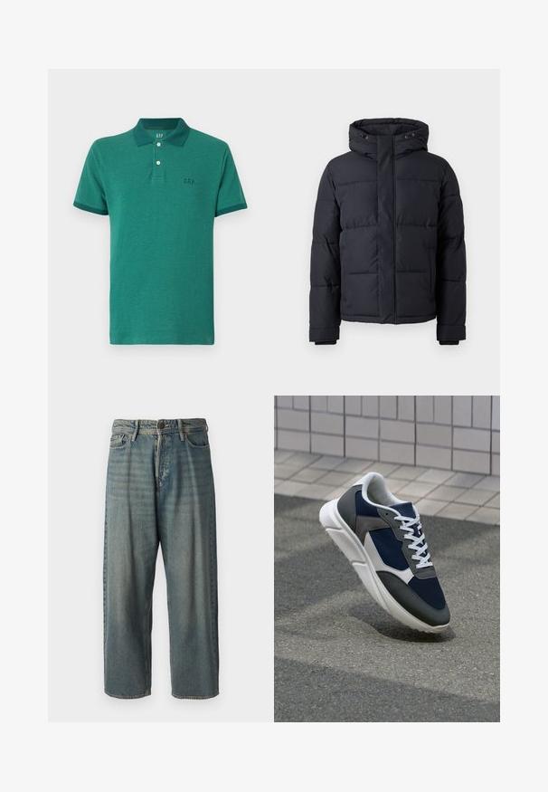 Casaco puffer preto com capuz, apresentando fecho com zíper, design acolchoado e punhos elásticos para conforto e aquecimento.; Camisa polo verde feita de material texturizado, com colarinho de botão, mangas curtas e um pequeno logotipo no peitilho.; Jeans de ganga azul claro com um corte solto, cintura média e pernas retas. Apresenta cinco bolsos, passadores de cinto e fecho com botão.; Sapatilha com parte superior em malha azul-marinho, detalhes em camurça cinza, sola de borracha branca e atacadores brancos planos, projetada para conforto e respirabilidade.
