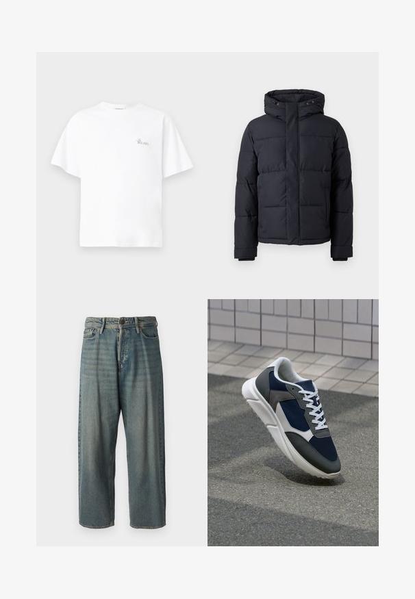 Fekete puffdzseki kapucnival, cipzárral, tűzött mintázattal és rugalmas mandzsettákkal a kényelem és melegség érdekében.; Fehér pamut póló laza fit választható, kerek nyakkal, rövid ujjakkal, és egy kis "La Bellavista" logó hímzéssel a mellkason.; Világoskék farmernadrág, laza fazonnal, közepes derékbőséggel és egyenes szárral. Öt zsebet, övbucskát és gombos záródást tartalmaz.; Cipő, amelynek sötétkék hálós felsőrésze, szürke velúr díszítései, fehér gumitalpa és lapos fehér fűzője van, a kényelem és a légáteresztő képesség érdekében tervezve.