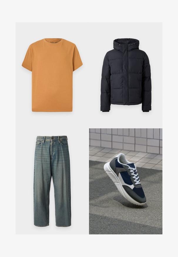 Fekete puffdzseki kapucnival, cipzárral, tűzött mintázattal és rugalmas mandzsettákkal a kényelem és melegség érdekében.; Rövid ujjú póló egyszínű világosbarna színben, puha pamutból készült. Klasszikus kerek nyakkivágással és laza fazonnal rendelkezik.; Világoskék farmernadrág, laza fazonnal, közepes derékbőséggel és egyenes szárral. Öt zsebet, övbucskát és gombos záródást tartalmaz.; Cipő, amelynek sötétkék hálós felsőrésze, szürke velúr díszítései, fehér gumitalpa és lapos fehér fűzője van, a kényelem és a légáteresztő képesség érdekében tervezve.