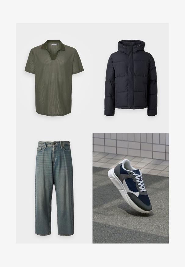 Czarna kurtka puchowa z kapturem, z zamek błyskawicznym, pikowanym wzorem oraz elastycznymi mankietami, zapewniająca ciepło i komfort.; Zielona oliwkowa koszulka polo z krótkim rękawem, o żebrowanej fakturze, z dekoltem w serek i kontrastującym wzorem kołnierzyka. Lekka tkanina o luźnym kroju.; Jasnoniebieskie dżinsy o luźnym kroju, średnim stanie i prostych nogawkach. Posiadają pięć kieszeni, szlufki na pasek oraz zapięcie na guzik.; Sneakers z granatową siateczkową cholewką, szarymi zamszowymi akcentami, białą gumową podeszwą i płaskimi białymi sznurówkami, zaprojektowane z myślą o komforcie i wentylacji.
