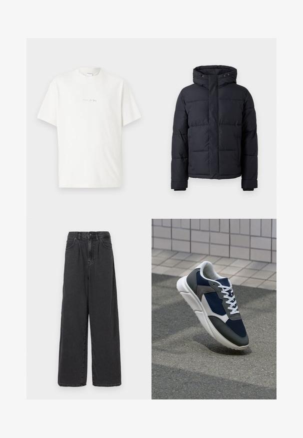 Čierna prešívaná bunda s kapucňou, s uzatváraním na zips, prešívaným dizajnom a elastickými manžetami pre teplo a pohodlie.; Biela bavlnená tričko s okrúhlym výstrihom, krátkymi rukávmi a malým potlačeným logom vpredu. Hladká textúra a voľný strih.; Široké nohavice z čierneho denimu s vysokým pásom, s predným zapínaním na gombík a zips, so bočnými vreckami a hladkou textúrou.; Tenisky s sieťovinou v námorníckej modrej farbe, so sivými semišovými detailmi, bielou gumovou podrážkou a plochými bielymi šnúrkami, navrhnuté pre pohodlie a priedušnosť.