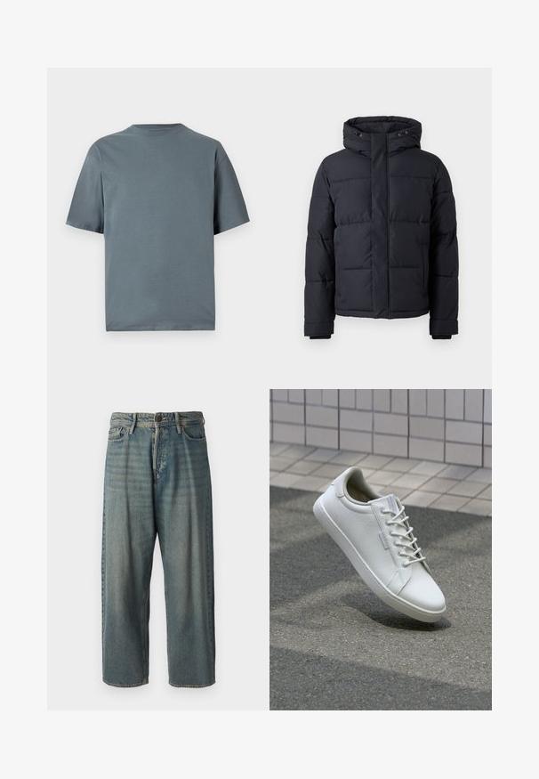 Čierna prešívaná bunda s kapucňou, s uzatváraním na zips, prešívaným dizajnom a elastickými manžetami pre teplo a pohodlie.; Sivý bavlnený tričko s krátkymi rukávmi, okrúhlym výstrihom a voľným strihom. Hladká textúra, minimalistický dizajn a žiadne viditeľné vzory ani kovania.; Svetlomodré denimové nohavice so voľným strihom, stredne vysokým pásom a rovnými nohavicami. Obsahujú päť vreciek, pútka na opasok a zapínanie na gombík.; Biele tenisky vyrobené z textúrované kože, s viazaním na šnúrky, pevným gumovým podrážkou a minimalistickým dizajnom s vystuženou špičkou.