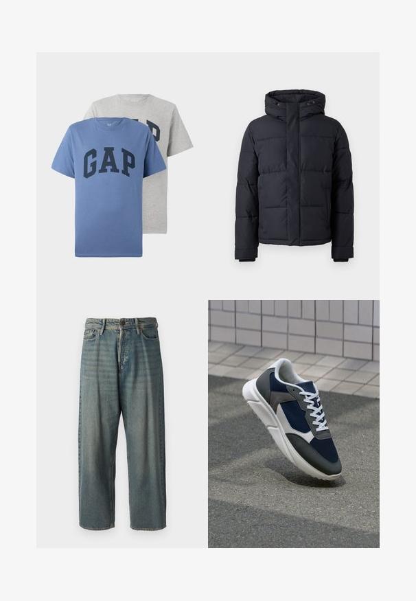 Schwarze Daunenjacke mit Kapuze, ausgestattet mit einem Reißverschluss, gestepptem Design und elastischen Bündchen für Wärme und Komfort.; Zwei kurzärmelige Rundhals-T-Shirts, eines blau und eines grau, beide mit großem dunkelblauem "GAP"-Text auf der Brust.; Helle blaue Denim-Jeans mit lockerer Passform, mittelhoher Taille und geraden Beinen. Hat fünf Taschen, Gürtelschlaufen und einen Knopfverschluss.; Sneaker mit einem Obermaterial aus navyblauem Mesh, grauen Wildlederelementen, einer weißen Gummisohle und flachen weißen Schnürsenkeln, entworfen für Komfort und Atmungsaktivität.