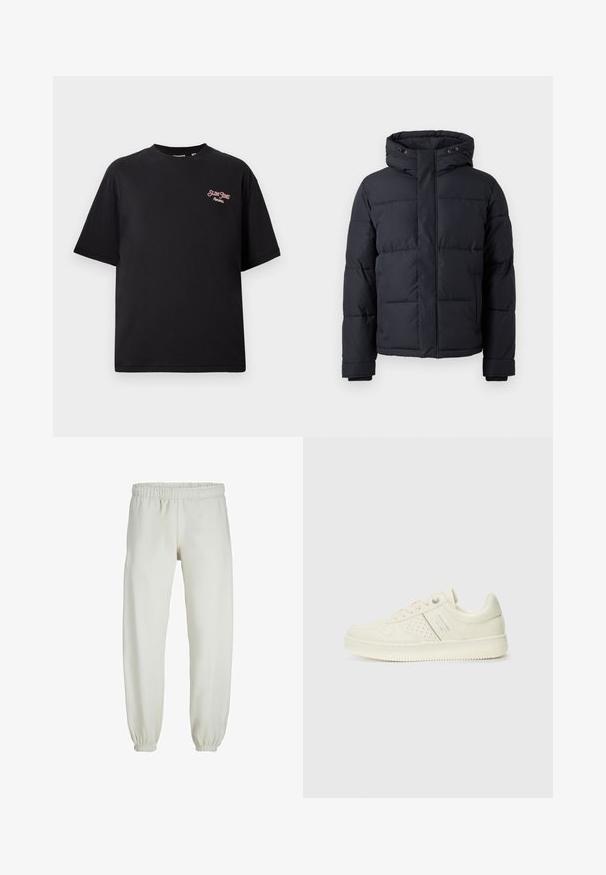 Juodas pūkinis švarkas su gobtuvu, su užtrauktuku, su siuvinėtu dizainu ir elastingomis rankogalių juostomis šilumai ir komfortui.; Juodas medvilnės marškinėliai su laisvu stiliumi, trumpomis rankovėmis ir raudonu išsiuvinėtu logotipu kairėje krūtinės pusėje. Lygi tekstūra, apvalios apykaklės dizainas.; Baltos sportinės kelnės, pagamintos iš minkštos medžiagos, su elastinga juosmeniu ir rankogaliais, turinčios lygią tekstūrą ir laisvą siluetą.; Kremo spalvos sportbačiai su perforuotomis detalėmis, raišteliais ir logotipu šone, išdėstyti prieš paprastą baltą foną.
