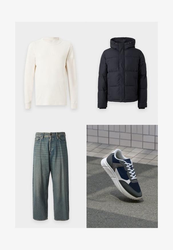 Black puffer jacket with a hood, featuring a zip closure, quilted design, and elastic cuffs for warmth and comfort.; Long-sleeve, ribbed top in off-white with a crew neckline. Features subtle "GAP" logo on the chest. Soft texture and fitted design.; Light blue denim jeans with a loose fit, mid-rise waist, and straight legs. Features five pockets, belt loops, and a button closure.; Sneaker featuring a navy blue mesh upper, gray suede accents, white rubber sole, and flat white laces, designed for comfort and breathability.