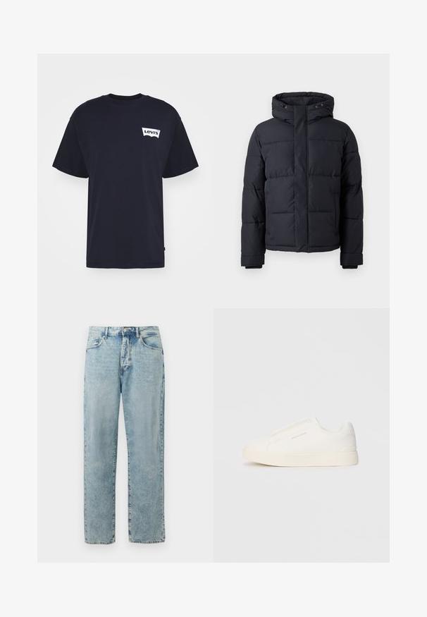 Juodas pūkinis švarkas su gobtuvu, su užtrauktuku, su siuvinėtu dizainu ir elastingomis rankogalių juostomis šilumai ir komfortui.; Levi's® VINTAGE FIT GRAPHIC - Marškinėliai su spaudiniu - pirate black; Šviesiai mėlyni tiesūs džinsai su mygtuku ir užtrauktuku, priekinės kišenės ir subtilus spalvų išblukimas.; Baltos slip-on sportbačiai su tekstūruota paviršiumi, storesniu padu ir minimalistišku dizainu. Šone matosi prekės ženklo logotipas.