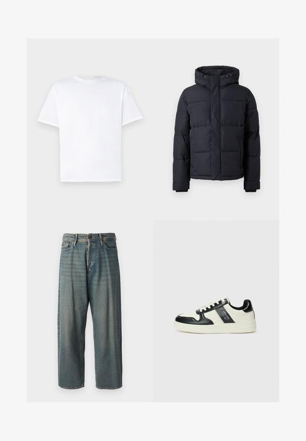 Casaco puffer preto com capuz, apresentando fecho com zíper, design acolchoado e punhos elásticos para conforto e aquecimento.; Camiseta branca de algodão com decote redondo e mangas curtas. Textura suave, corte reto, sem padrões ou detalhes. Visão apenas da parte de trás.; Jeans de ganga azul claro com um corte solto, cintura média e pernas retas. Apresenta cinco bolsos, passadores de cinto e fecho com botão.; Ténis de couro com um esquema de cores em preto e creme, apresentando detalhes perfurados, um colarinho acolchoado e uma sola texturizada.