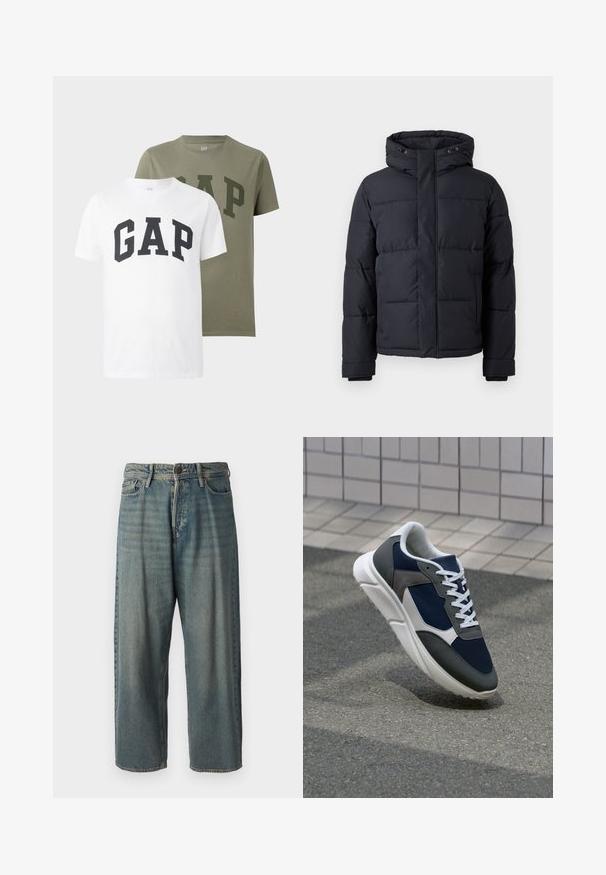 Casaco puffer preto com capuz, apresentando fecho com zíper, design acolchoado e punhos elásticos para conforto e aquecimento.; Duas t-shirts de manga curta, uma branca e outra verde oliva, cada uma com "GAP" impressa em letras grandes no peito.; Jeans de ganga azul claro com um corte solto, cintura média e pernas retas. Apresenta cinco bolsos, passadores de cinto e fecho com botão.; Sapatilha com parte superior em malha azul-marinho, detalhes em camurça cinza, sola de borracha branca e atacadores brancos planos, projetada para conforto e respirabilidade.