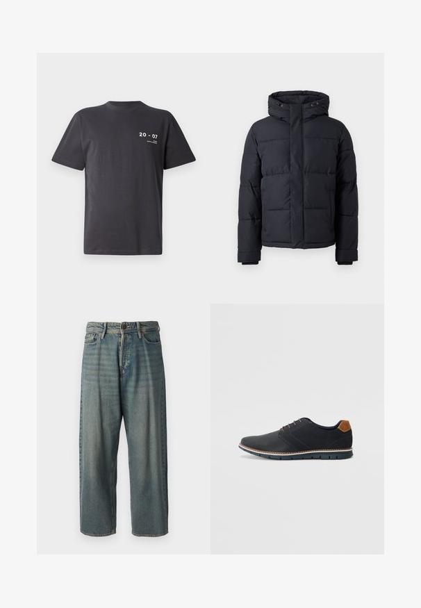 Melnā pūkļa jaka ar kapuci, ar rāvējslēdzēju, ar siltinātu dizainu un elastīgām piedurknēm siltumam un komfortam.; Tumši pelēkā kokvilnas t-krekls, īsām piedurkēm, apaļa kakla izgriezums, ar baltu tekstu: "20 - 07" un "MIAMI DAYS & NIGHTS" priekšpusē.; Gaiši zili džinsi ar brīvu piegriezumu, vidējo jostas augstumu un taisnām kājām. Satur piecas kabatas, jostas cilpas un pogu aizdari.; Melni sintētiskie apavi ar struktūru augšdaļā, gludu akcentu, brūnu papēdi un kontrastējošu zoli. Iezīmē minimālu šņorēšanu un šuvju detaļas.