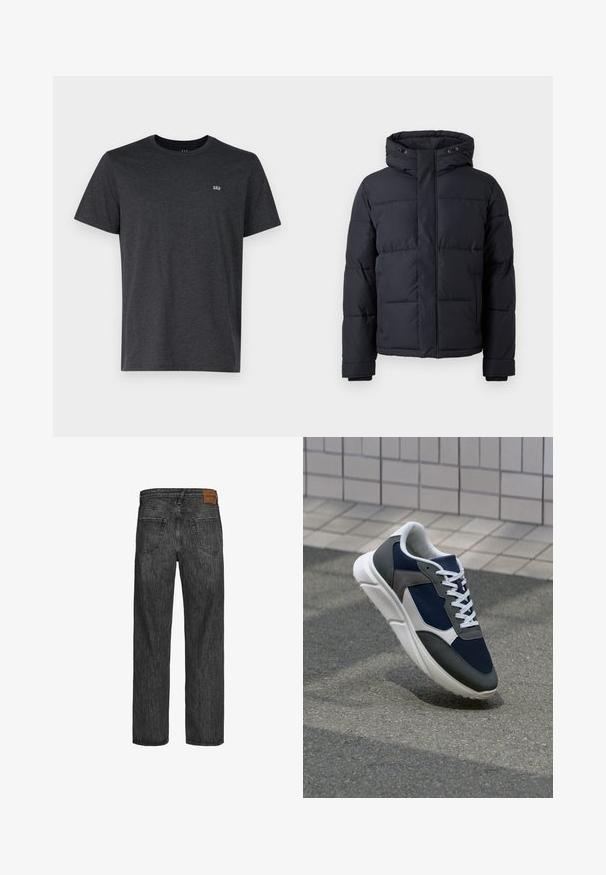 Chaqueta de plumas negra con capucha, que cuenta con cierre de cremallera, diseño acolchado y puños elásticos para mayor calidez y comodidad.; Camiseta de manga corta gris oscuro hecha de una tela suave, con un cuello redondo y un pequeño logo bordado en el lado izquierdo del pecho.; Jeans de mezclilla negra con un diseño de pierna recta, estilo de cinco bolsillos y un parche de cuero marrón en la cinturilla. Tejido texturizado con detalles de costura.; Zapatillas con una parte superior de malla azul marino, detalles en gamuza gris, suela de goma blanca y cordones blancos planos, diseñadas para la comodidad y transpirabilidad.