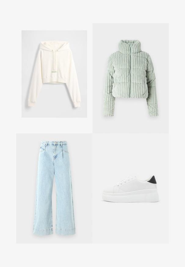 ONLY PAULINA PUFFER - Winter jacket - aqua gray; Light cream cropped hoodie made of soft fabric features a drawstring hood, raglan sleeves, embossed "GAP" logo, and ribbed cuffs.; Light blue wide-leg jeans made of denim, featuring a high waist, front pockets, and stitched accents at the hem.; White platform sneakers made of smooth synthetic material, featuring a rounded toe, lace-up design, and a textured rubber sole. Black heel accent.