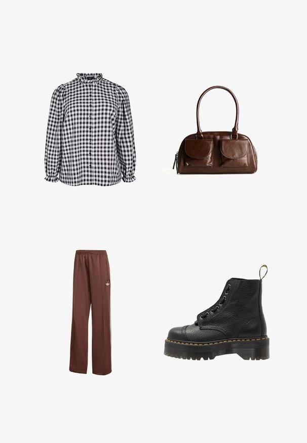 Black plush coat featuring a brown suede collar, button closure, and textured outer fabric. Sleeves and hem are slightly oversized.; Black and white checked blouse with a ruffled collar, button front closure, and puffed sleeves featuring elastic cuffs. Textured fabric.; Kaffe YOKO BOATNECK - Basic T-shirt - zinfandel; Brown athletic pants with a relaxed fit. Made of smooth fabric, featuring side pockets, white stripes, and a small white logo on the thigh.; Black leather ankle boot with textured surface, round toe, lace-up design, yellow stitching, and a thick, ridged black platform sole.; Brown leather handbag with two front flap pockets, rounded handles, and a zipper on the side against a white background.