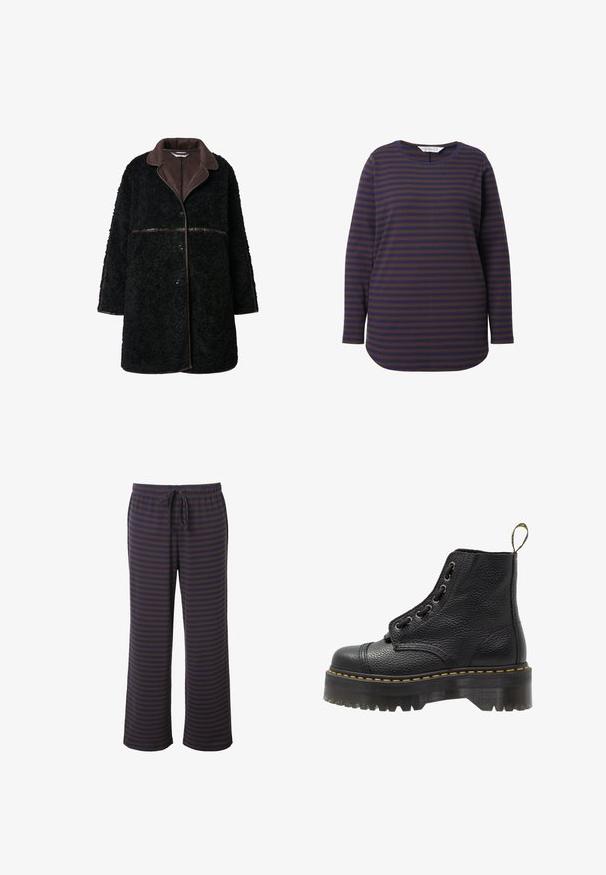 Mustaan pörröinen takki, jossa on ruskea nahkakaulus, nappikiinnitys ja teksturoitu päällikangas. Hihat ja helma ovat hieman ylisuuret.; Pitkähihainen paita, jossa on tummansinisiä ja ruskeita vaakasuoria raitoja, pyöreä kaula-aukko ja rento istuvuus, jossa on kaareva helma. Pehmeä kangas.; Väripaidat pyjamahousut tummansinisinä ja ruskeina; joustava vyötärö, jossa säädettävä nyöri; leveälahkeinen malli; pehmeä kangas, jossa sileä rakenne.; Mustat nahkaisen nilkkurit, joissa on teksturoidun pinnan, pyöreä kärki, nauhakiinnitys, keltainen ommel ja paksu, uritettu musta alustapohja.