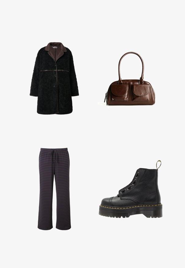 Svart plyschrock med brun mockakrage, knappstängning och strukturerad yttertyg. Ärmar och fåll är något oversized.; Långärmad skjorta med marinblå och bruna horisontella ränder, rund halsringning och en avslappnad passform med en böjd nederkant. Mjuk tygkvalitet.; Randiga pyjamasbyxor i mörkblått och brunt; elastisk midja med justerbar dragsko; vida ben; mjukt tyg med slät textur.; Svart läderankelboot med texturerad yta, rund tå, snörningsdesign, gul stygn och en tjock, mönstrad svart plattformssula.; Brun läderhandväska med två framfickor med klaff, rundade handtag och en dragkedja på sidan mot en vit bakgrund.