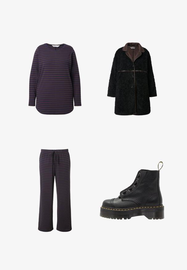 Cappotto di peluche nero con colletto in suede marrone, chiusura a bottoni e tessuto esterno testurizzato. Maniche e orlo sono leggermente oversize.; Maglietta a maniche lunghe con righe orizzontali blu marino e marroni, scollo rotondo e una vestibilità comoda con orlo curvo. Tessuto morbido.; Pantaloni da pigiama a righe in blu scuro e marrone; vita elasticizzata con cordoncino regolabile; design a gamba larga; tessuto morbido con una texture liscia.; Stivale alla caviglia in pelle nera con superficie testurizzata, punta tonda, design con lacci, cuciture gialle e una suola piatta nera spessa e scanalata.