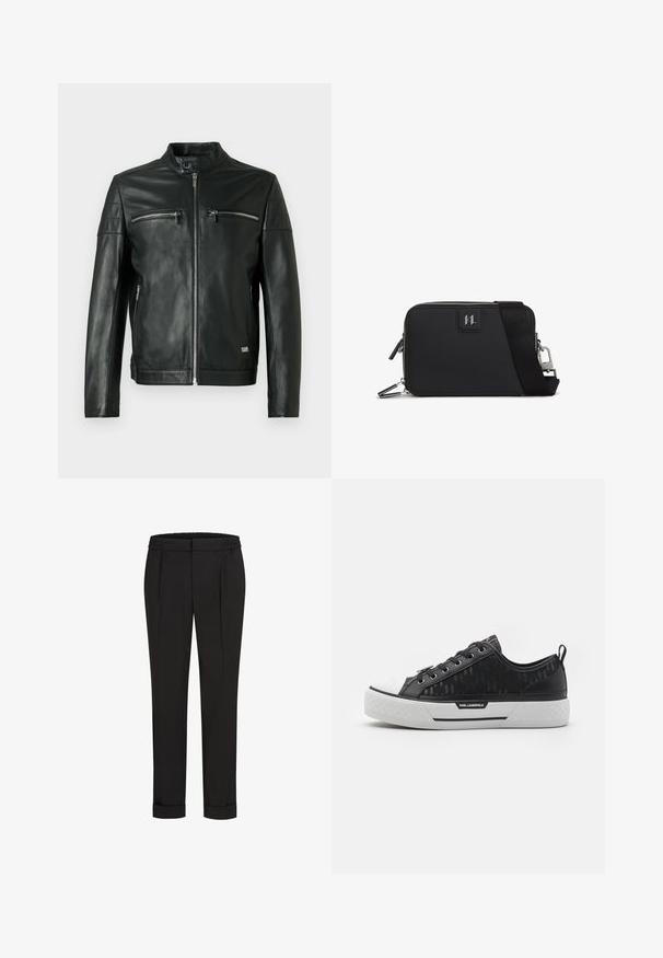 Črna usnjena jakna z ovratnikom, dvema žepoma na prsih z zadrgami in šivi na ramenih. Gladek tekstura in prilegajoča zasnova.; Črna bombažna majica s kratkimi rokavi, okroglo izreza in majhnim belim srčkom natisnjenim na levem prsnem delu.; Črne hlače z elastičnim pasom, s pravimi nogavicami in zavihanimi manšetami. Narejene so iz gladkega, tkanega materiala brez vzorcev.; Črne nizke superge s vzorčastim platnenim zgornjim delom, belim gumijastim kapico za prste, teksturiranim podplatom in logotipom na strani. Kovinski gromi za vezalke.; Črn pravokoten nahrbtnik iz teksturiranega materiala, z zadrgo, nastavljivim trakom in oznako zlogom spredaj.
