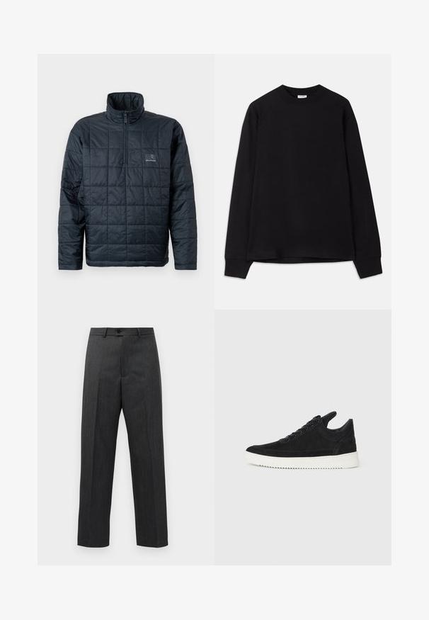 Polstret pullover-jakke i mørk navy, med høj krave, kvart-lynlås foran og et lille logo på brystet. Struktureret quilted design.; Sort langærmet t-shirt lavet af blødt bomuld. Har en rund halsudskæring, løs pasform og ribbede ærmekanter. Ingen synlige mønstre eller logoer.; Mørkegrå formelle bukser med frontfolder, bæltestropper og en knaplukning i taljen, præsenteret mod en simpel hvid baggrund.; Sort ruskinds sneaker med en hvid gummisål, der har tonalt syet detalje og snørredesign. Glat tekstur med en moderne, strømlinet form.