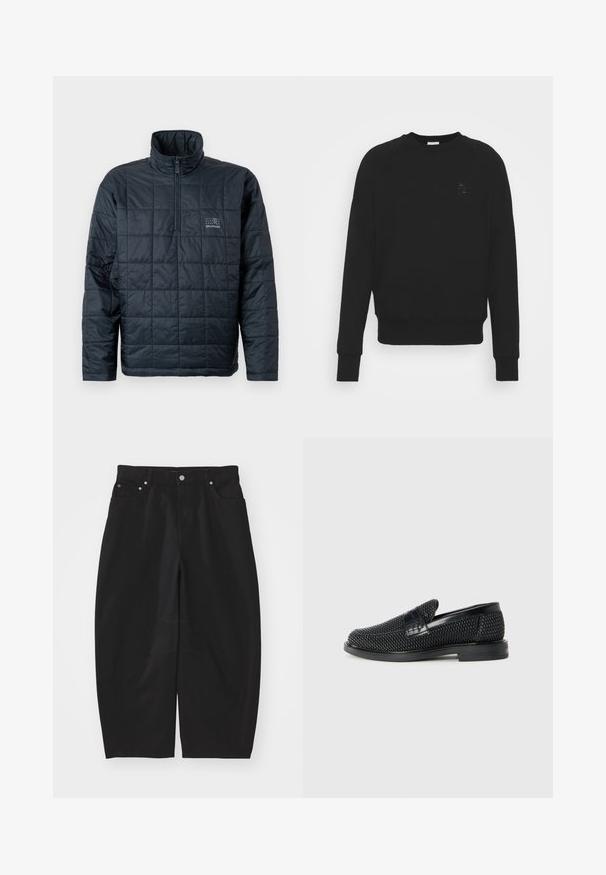 Polstret pullover-jakke i mørk navy, med høj krave, kvart-lynlås foran og et lille logo på brystet. Struktureret quilted design.; Sort sweatshirt lavet af bomuldsblanding, med ribbet rund hals, raglanærmer og et lille præget logo på brystet.; Helmut Lang COCOON GALLERY - Jeans Relaxed Fit - black; Sort vævet slip-on sko med en glat læderdetalje på overdelen, en rund tådesign og en lavprofil gummisål.