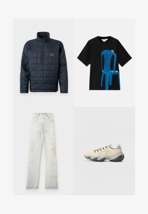 Siltināta pulovera jaka tumši jūrā zilā krāsā, ar augstu apkakli, ceturtdaļas rāvējslēdzēju priekšā un nelielu logo uz krūts. Strukturēta kviltēta dizaina. Uzgale.; Melnas kokvilnas T-krekls ar zilu drukātu krēsla dizainu uz priekšpuses. Īsas piedurknes un apaļa kakla izgriezuma forma. Vienkāršs teksts virs krēsla.; Gaiši zili džinsi ar augstu jostasvietu, platām kājām un nedaudz izbalējušām vietām. Iekļauj tradicionālo piecu kabatu dizainu un metāla detaļas.; Bēša sporta apavi ar strukturētu sieta augšdaļu, pelēku gumijas zoli, izteiksmīgu izliekumu dizainu un pelēkām šņorēm. Ir arī cilpa uz papēža.