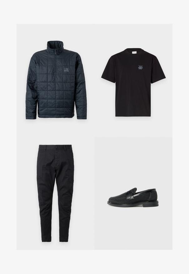 Veste à col montant rembourrée couleur marine, avec une fermeture éclair quart-de-longueur à l'avant et un petit logo sur la poitrine. Design matelassé texturé.; T-shirt en coton noir avec un col rond et des manches courtes. Présente un petit logo bleu sur la poitrine gauche. Design simple et droit.; Pantalon en coton noir à coupe slim, avec une fermeture à bouton et des poches avant. Texture lisse et design de jambes fuselées.; Chaussure slip-on tissée noire avec un accent en cuir lisse sur le dessus, un design à bout rond et une semelle en caoutchouc à profil bas.