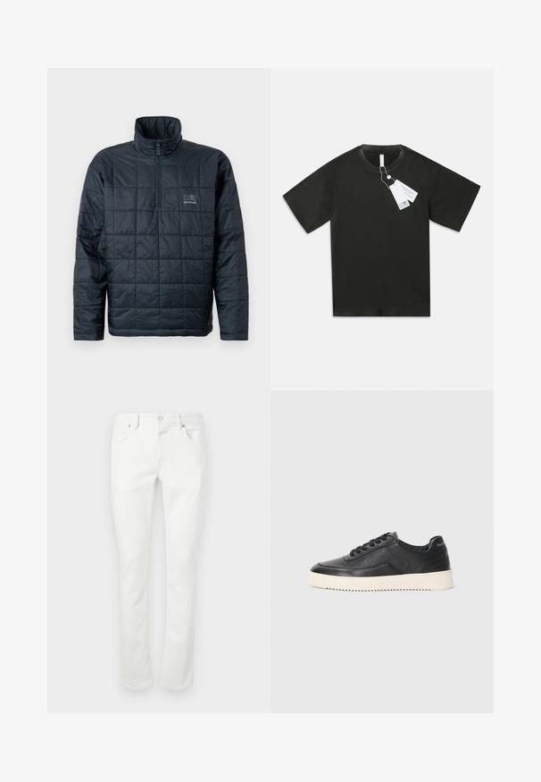 Gevoerde pulloverjas in donkerblauw, met een hoge kraag, kwart-rits aan de voorkant en een klein logo op de borst. Gestructureerd, gequilt ontwerp.; Zwarte katoenen T-shirt met korte mouwen en ronde hals, met aan de kraag bevestigde witte productlabels, op een plain witte achtergrond.; Witte denim jeans met een rechte snit, vijf-pocket ontwerp en metalen knoopsluiting. Glad textuur en minimale stikdetails.; Zwarte leren sneaker met een gestructureerde afwerking, ronde neus en platte witte rubberen zool. Voorzien van zwarte veters en merklabel op de hiel.