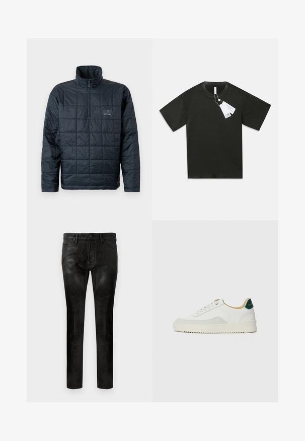 Pehmed kaelusega tume mereväejope, millel on neljandiku tõmblukk ees ja väike logo rinnal. Tekstuuriga tikitud disain.; Must värvi lühikeste varrukatega puuvillane T-särk ümmarguse kaelakaelusega, millelt ripub valge tootetagi, tavalise valge tausta peal.; Mustad kitsad püksid siledast ja läikivast materjalist, millel on eest taskud, ühekohaline nööp ja peened õmblusdetailid.; Valged tennisjalanõud, millel on sametised aktsendid, ümar varvas, lame nöörid ja kreemjas kummine põhja. Hästi nähtav roheline bränding kannal.