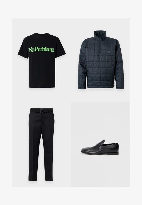 Jachetă pulover căptușită în nuanță închisă de navy, cu guler înalt, fermoar pe jumătate în față și un mic logo pe piept. Design texturat, matlasat.; Tricou negru din bumbac, cu un text grafic pixelat verde "No Problemo" pe față. Mâneci scurte și guler rotund.; Pantalonii negri ajustați sunt fabricați dintr-un material neted, au croi drept și o talie încrustată cu o cataramă rectangulară. Pliseele frontale notabile îmbunătățesc designul.; Pantofii negri din piele, slip-on, cu vârf ascuțit, textură netedă și branding subtil pe lateral. Toc jos cu un design curat și minimal.