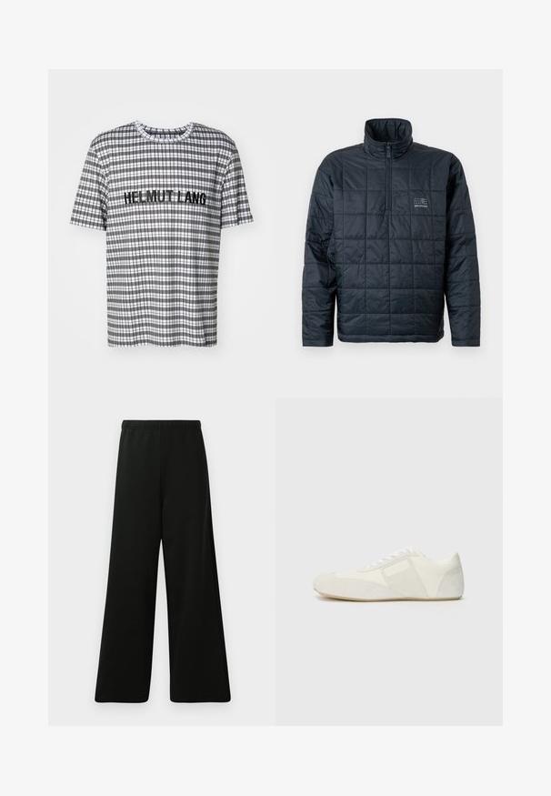 Padded pulover jakna u tamnoplavoj boji, s visokim ovratnikom, prednjim zatvaračem na četvrtinu i malim logom na prsima. Teksturirani pufasti dizajn.; Majica kratkih rukava s kariranim uzorkom u crnoj, bijeloj i sivoj boji, s natpisom "HELMUT LANG" izvezenim crnom bojom preko prsa.; Crne široke hlače od mekog materijala. Imaju elastičnu gumicu u struku, glatku teksturu i jednostavan, moderan dizajn bez uzoraka.; Bijela atletska cipela s modernim dizajnom, koja se odlikuje nubuk vrhom, kožnim panelima i kontrastnim teksturiranim naglaskom. Ravni gumeni potplat.