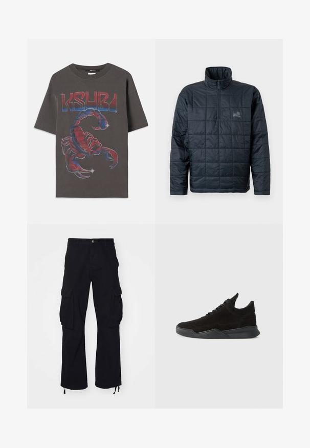 Pehmeä pullover-takki tummansinisessä värissä, jossa on korkea kaulus, neljännesvetoketjukiinnitys ja pieni logo rinnassa. Teksturoitu tikattu muotoilu.; Harmaa ylipitkä t-paita, joka on valmistettu puuvillasta ja jossa on värikäs skorpioni-kuvio sinisillä ja punaisilla yksityiskohdilla. Yllä rohkealla fontilla "KSUBI" -teksti.; Mustat cargo-housut, jotka on valmistettu puuvillasta ja joissa on kaksi suurta sivutaskua, nyöritettävät helmät ja suorajalkaiset malli.; Musta mokkasneakeri matalalla profiililla, teksturoitulla päälliosalla, litteillä nauhoilla ja kiinteällä kumipohjalla, jossa on kevyt korkeus ja kaareva muoto.