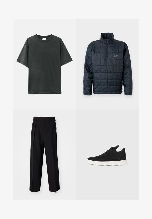 Jachetă pulover căptușită în nuanță închisă de navy, cu guler înalt, fermoar pe jumătate în față și un mic logo pe piept. Design texturat, matlasat.; Tricou din bumbac gri închis, cu mâneci scurte, guler rotund și logo discret al mărcii. Textură netedă, cu o croială lejeră și tiv drept.; Pantaloni negri plisat cu un design drept și pantaloni largi. Construiți dintr-un material neted, prevăzuți cu închidere cu nasture și bucle pentru curea.; Sneakers negre din suede cu o talpă din cauciuc albă, prezentând cusături tonale și un design cu șireturi. Textură netedă cu o formă modernă și aerodinamică.