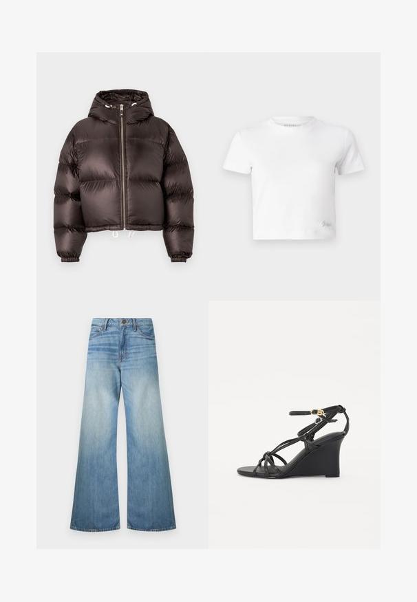 Juodas pūkinis švarkas su kapišonu,blizgiu paviršiumi, su priekyje esančiu užtrauktuku ir elastiniais rankovėmis. Trumpas dizainas su raišteliais apačioje.; Balta trumpa marškinėlių suapvalinta iš lygios medvilnės, su aukštu iškirpimu ir trumpomis rankovėmis. Mažas išsiuvinėtas logotipas apatinėje kampe.; Šviesiai mėlyni plačios kojos džinsai, pagaminti iš džinsinio audinio, su standartiniu užtrauktuku, penkiais kišenėmis ir nudilusia apdaila su subtiliais šviesinimo akcentais.; Juodos platforminės šlepetės su plonomis kryžminėmis juostelėmis ir reguliuojamu kulkšnies dirželiu su auksine sagtimi. Lygaus odos paviršiaus apdaila.