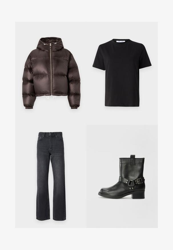 Musta puhallettava takki hupulla, kiiltävä pinta, edessä vetoketju ja joustavat hihansuut. Lyhyt malli, jossa nyörit helmassa.; Musta lyhythihainen t-paita, joka on valmistettu pehmeästä puuvillasta. Paitassa on pyöreä kaula-aukko, rento malli ja sileä pinta. Ei näkyviä kuvioita tai graafisia elementtejä.; Mustat korkeavyötäröiset farkut suoran lahkeen muotoilulla, valmistettu denimistä. Ominaisuuksiin kuuluu viisi taskua ja hienovarainen haalistuminen kankaan pinnalla.; Samsøe Samsøe SABRENTA - Biker-/cowboynilkkurit - black