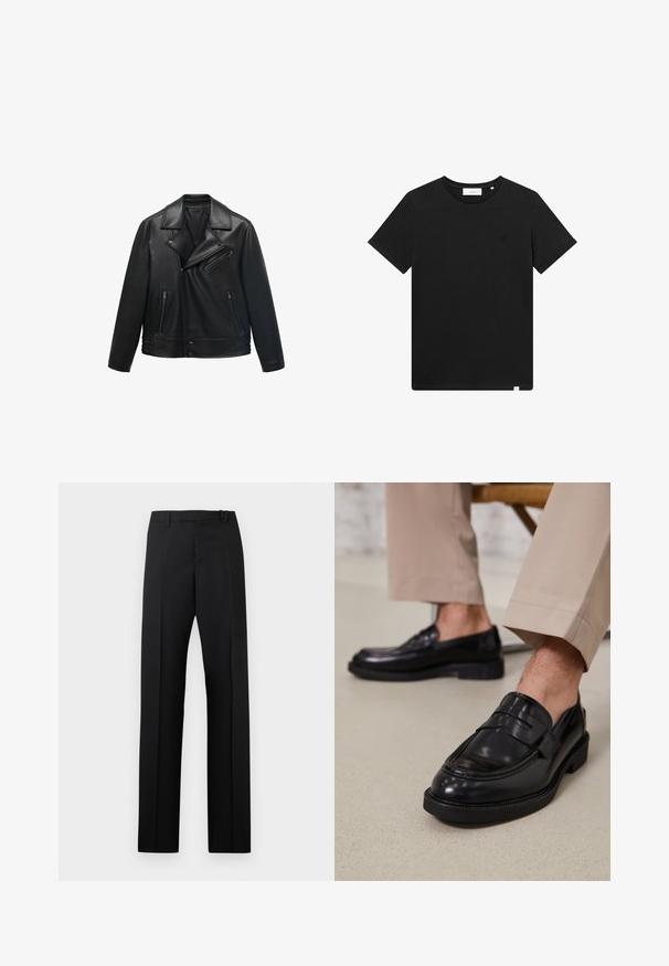 Giubbotto da moto in pelle nera con collo a punta, chiusura a zip asimmetrica e due tasche anteriori con zip. Texture liscia e design aderente.; T-shirt nera a maniche corte in cotone, con scollatura rotonda e un piccolo logo ricamato sul petto. Tessuto liscio, vestibilità standard.; Pantaloni neri a vita alta, gamba dritta, con passanti per cintura e pieghe stirate, mostrati su sfondo bianco.; Mocassini in pelle nera con finitura liscia, dotati di una cintura decorativa e cuciture a contrasto, abbinati a pantaloni beige.