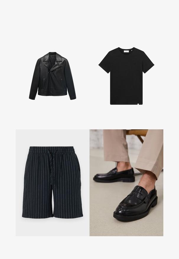 Giubbotto da moto in pelle nera con collo a punta, chiusura a zip asimmetrica e due tasche anteriori con zip. Texture liscia e design aderente.; T-shirt nera a maniche corte in cotone, con scollatura rotonda e un piccolo logo ricamato sul petto. Tessuto liscio, vestibilità standard.; Pantaloni corti blu scuro con strisce verticali chiare, cintura elastica, chiusura con lacci e tasche laterali. Realizzati in un tessuto leggero.; Mocassini in pelle nera con finitura liscia, dotati di una cintura decorativa e cuciture a contrasto, abbinati a pantaloni beige.