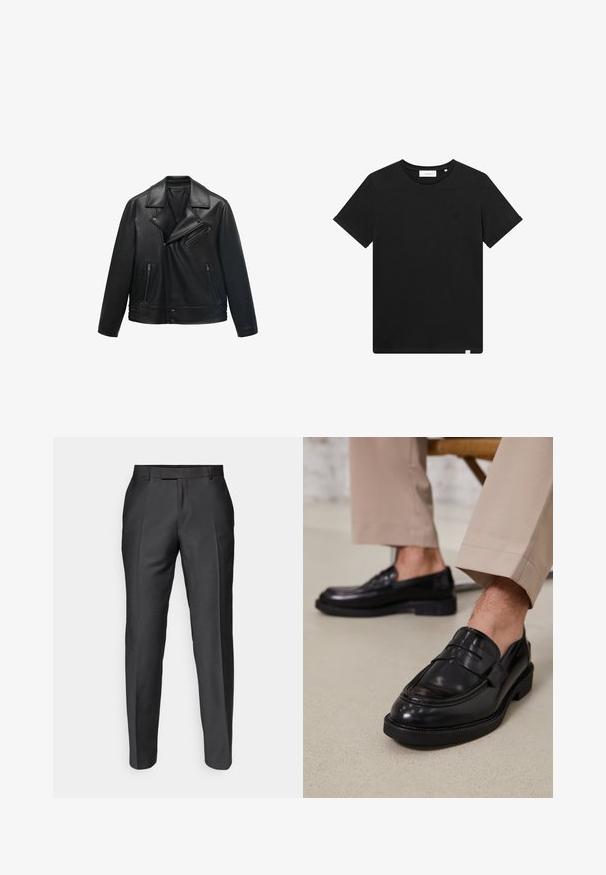 Jachetă de motocicletă din piele neagră, cu guler tăiat, închidere asimetrică cu fermoar și două buzunare frontale cu fermoar. Textură netedă și design ajustat.; Tricou scurt cu mânecă, de culoare neagră, realizat din bumbac, cu guler tip crew și un mic logo brodat pe piept. Textură netedă, croială standard.; Pantaloni adaptați din țesătură gri închis. Au un croi slim, fața plată și bucle pentru curea. Textură netedă cu o luciu subtil.; Loafers negre din piele cu o finisare netedă, având o curea decorativă și cusături contrastante, asortați cu pantaloni bej.