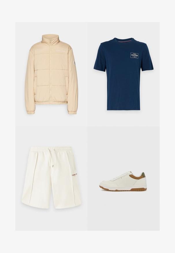 Beige dunjakke med høy krage, frontglidelås, elastiske mansjetter og sidelommer. Har "TOMMY JEANS" logo på brystet og merkelapp på ermet.; Marineblå bomulls T-skjorte med rund halsutringning, korte ermer, og en liten hvit logo på venstre brystområde. Glatt tekstur.; Kremfargede shorts laget av mykt stoff, med elastisk liv, snøring, sidelommer og en liten rød logo detaljer på siden.; Tommy Hilfiger BASKET CORE - Joggesko - ecru/army green