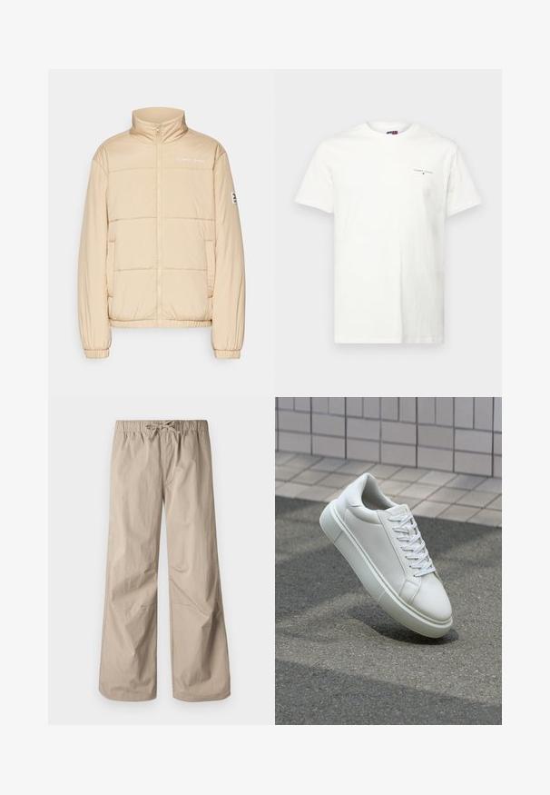 Beež puffer-jakk, millel on kõrge krae, esineed, elastsed mansetid ja küljetaskud. Rinnal on "TOMMY JEANS" logo ja varrukal brändi silt.; Valge puuvillane T-särk lühikeste varrukatega, V-kaelusega ja väikese tikandiga logoga vasakul rinnal. Sile tekstuur ja regulaarne lõige.; Beežid laiad püksid elastse vöökoha ja tõmbluku abil. Sile tekstuur, kaks küljetaskut ja minimaalsed õmblused, et tagada mugav istuvus.; Valge nahkline sneka, millel on sile pind, ümar varvas ja lame valge pael. Omab tekstuuriga kummist talla ja minimaalset kujunduselementi.