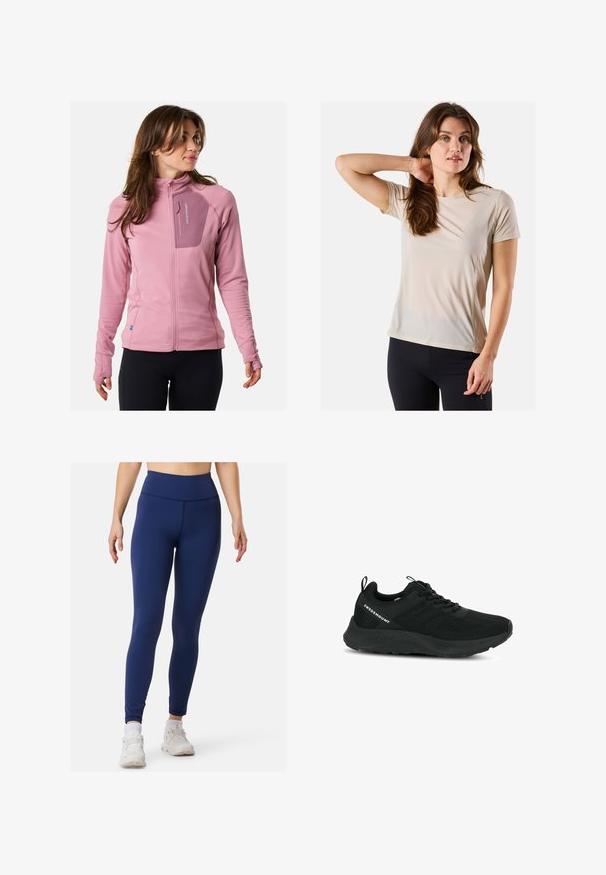 Fleecetakki, vaaleanpunainen, jossa on teksturoitu kangas, vetoketjullinen rintatasku, istuvat hihat ja peukaloaukot lisämukavuutta ja toiminnallisuutta varten.; Beige urheilu t-paita lyhyillä hihoilla, kevyttä materiaalia, sileä pinta ja hienovaraiset ompeluyksityiskohdat, yhdistetty mustiin tiukkoihin housuihin.; Laivansiniset legginsit, jotka on valmistettu venyvästä ja sileästä kankaasta, jossa on korkea vyötärö. Ne istuvat tiiviisti vyötäröltä nilkkoihin ilman näkyviä kuvioita.; Mustat urheilusandaalit, joissa on teksturoitu päällinen, verkkopaneelit ja pehmustettu pohja. Varustettu nauhoilla ja vetotarralla kantapäässä helppoa pukemista varten.