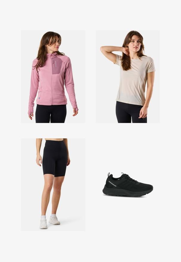 Fleece jack, lichtroze met een gestructureerde stof, ritszak op de borst, aansluitende mouwen en duimgaten voor extra comfort en functionaliteit.; Beige sportt-shirt met korte mouwen, lichtgewicht materiaal, gladde textuur en subtiele stikdetails, gecombineerd met zwarte strakkere broek.; Zwarte high-waisted fietsbroekjes van rekbaar materiaal met een gladde textuur, voorzien van een getailleerd ontwerp en een lengte tot halverwege de dij.; Zwarte sportschoen met een textuur bovenwerk, meshpanelen en een gewatteerde zool. Voorzien van veters en een trekkraag aan de hiel voor gemakkelijk aan- en uittrekken.