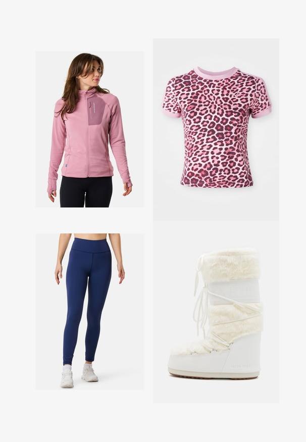 Fleece jacket, light pink with textured fabric, zippered chest pocket, fitted sleeves, and thumb holes for added comfort and functionality.; Pink leopard print t-shirt with short sleeves, featuring a rounded neckline and contrasting pink cuffs, made from soft, stretchy material.; Navy blue leggings made of stretchy, smooth fabric with a high waistband. They fit closely from waist to ankle, featuring no visible patterns.; White Moon Boot with faux fur upper, lace-up front, and rubber sole. Textured finish and embossed logo on side. Chunky, padded design.