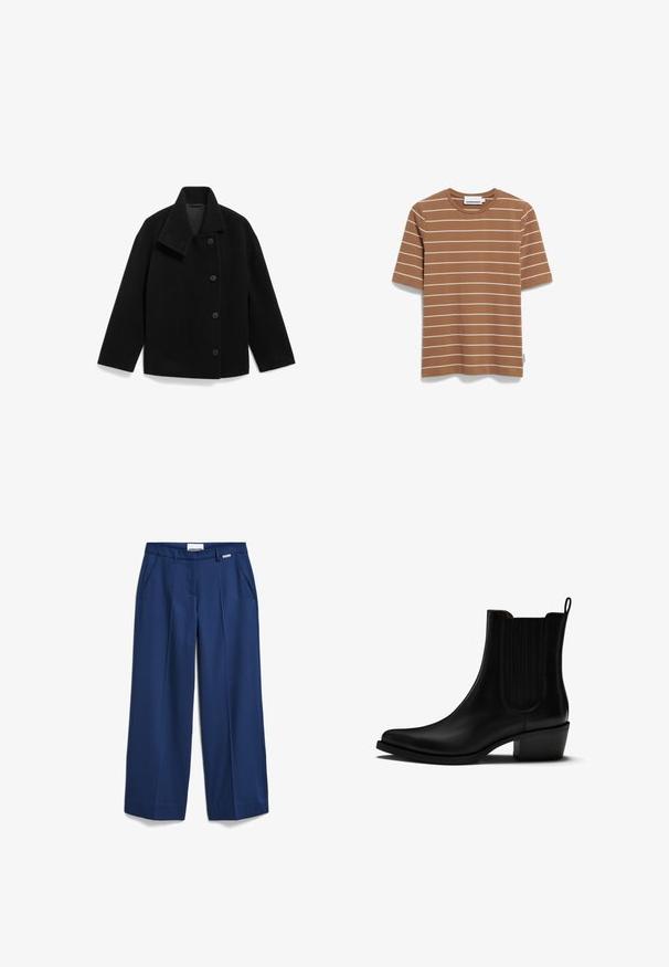 Zwarte wollen jas met hoge kraag, vijf knopen aan de voorkant en een gestructureerd ontwerp. Heeft een gladde textuur en brede mouwen.; Bruine katoenen t-shirt met witte horizontale strepen, korte mouwen en een ronde hals. Bevat een merkembleem op de binnenkant van de hals.; ARMEDANGELS LEANDRAA - Broek - faded indigo; Zwarte leren enkelboot met een slank ontwerp, elastische zijpanelen en een lage blokhak. Vlekkeloze textuur met een subtiele glans.