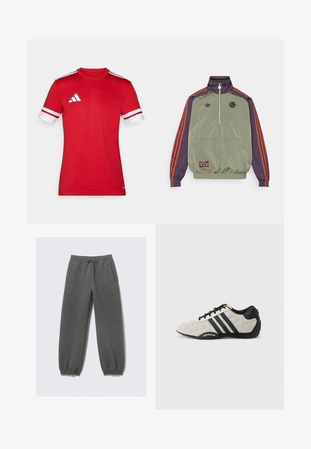 adidas Originals FC BAYERN MUNICH ICON HALFZIP JACKET - Club wear - base green/aurora black; Red athletic t-shirt with short sleeves. White accents on sleeves and three white stripes on the shoulders. Made of smooth, lightweight fabric.; Gray sweatpants made of soft fabric, featuring a drawstring waistband, elastic cuffs, and side pockets. Straight-leg design.; Adidas sports shoe with a textured, light gray upper and black leather accents. Features black three-stripe logo and cushioned sole.