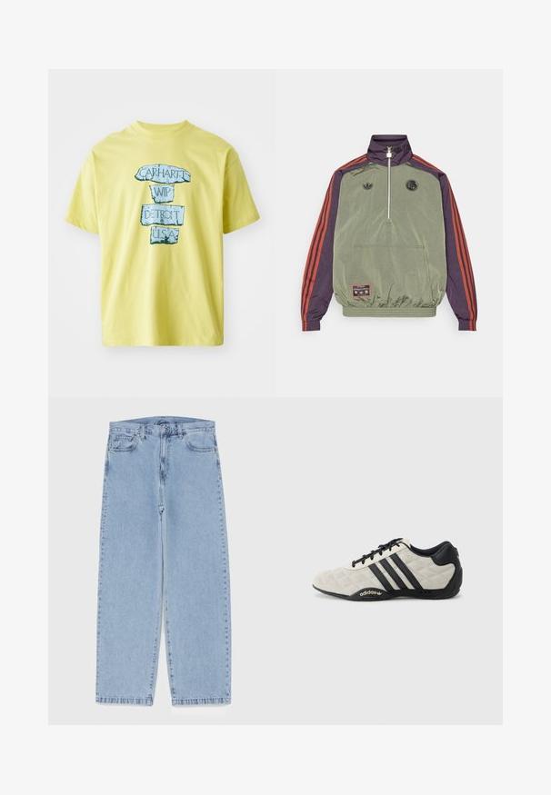 adidas Originals FC BAYERN ICON ciemnozielony; Żółta bawełniana koszulka z niebieskim wzorem graficznym, na którym widnieje tekst "CARHARTT WIP DETROIT U.S.A." w pogrubionej, postarzanej czcionce. Okrągły dekolt, krótkie rękawy.; Jasnoniebieskie dżinsy o prostym kroju nogawki, z średnim stanem, pięcioma kieszeniami oraz zapięciem na guzik i zamek błyskawiczny.; Buty sportowe Adidas z fakturowaną, jasnoszaro górą i czarnymi skórzanymi akcentami. Posiada czarne logo z trzema paskami i amortyzowaną podeszwę.