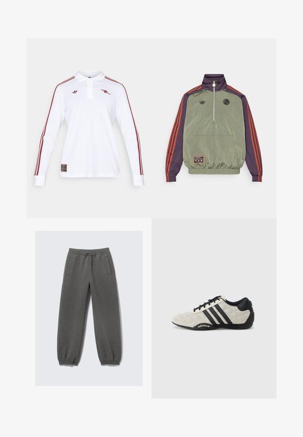 adidas Originals FC BAYERN MUNICH ICON HALFZIP JACKET - Klubové oblečenie - base green/aurora black; adidas Originals ARSENAL FC ICON LONG SLEEVE POLO - Klubové oblečenie - white; Šedé teplákové nohavice vyrobené z mäkkej látky, s nastaviteľným pásom na šnúrku, elastickými manžetami a bočnými vreckami. Rovný strih.; Športová obuv Adidas s textúrovaným, svetlošedým zvrškom a čiernymi koženými akcentmi. Obsahuje čierne logo s tromi pruhmi a polstrovanú podrážku.