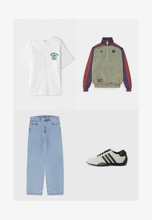 adidas Originals FC BAYERN ICON ciemnozielony; Biała bawełniana koszulka z krótkim rękawem, z zielonym i czerwonym napisem graficznym na lewej piersi, który brzmi "cashart Who Pronto Subito."; Jasnoniebieskie dżinsy o prostym kroju nogawki, z średnim stanem, pięcioma kieszeniami oraz zapięciem na guzik i zamek błyskawiczny.; Buty sportowe Adidas z fakturowaną, jasnoszaro górą i czarnymi skórzanymi akcentami. Posiada czarne logo z trzema paskami i amortyzowaną podeszwę.