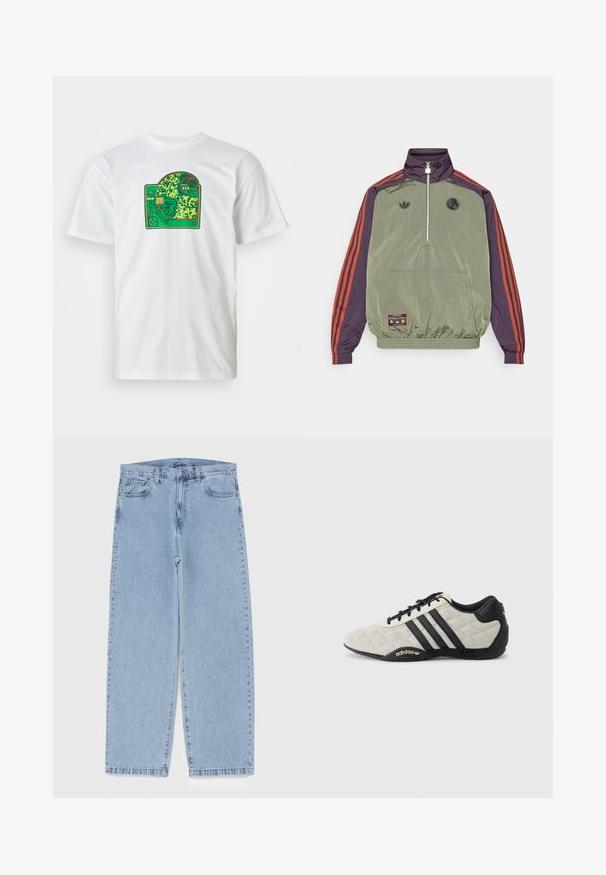 adidas Originals FC BAYERN MUNICH ICON HALFZIP JACKET - Klupska odjeća - base green/aurora black; Bijela pamučna majica s grafikom zelene tiskane ploče koja sadrži složene uzorke, crvene akcentne boje i složeni dizajn.; Svijetloplave traperice s ravnim nogavicama, sa srednjim strukom, pet džepova i zatvaranjem na dugme i patentni zatvarač.; Adidas sportska cipela s teksturiranom, svijetlo sivom gornjom i crnim kožnim detaljima. Sadrži crni logo s tri pruge i podstavljen đon.