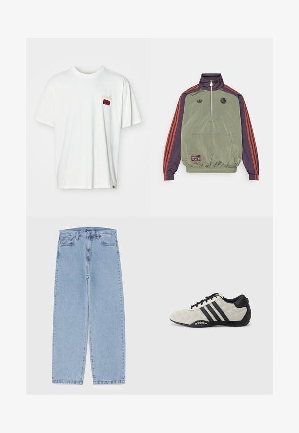 adidas Originals FC BAYERN MUNICH ICON HALFZIP JACKET - Echipament cluburi fotbal - base green/aurora black; Tricou alb din bumbac cu mâneci scurte, având un mic logo brodat în roșu și galben în apropierea pieptului stâng. Guler rotund și croială lejeră.; Jeans din denim de culoare albastru deschis, cu un design cu picioare drepte, având talie medie, cinci buzunare și un sistem de închidere cu nasture și fermoar.; Pantof sport Adidas cu un material superior texturat de culoare gri deschis și accente din piele neagră. Prezintă logo-ul cu trei dungi negre și o talpă amortizată.