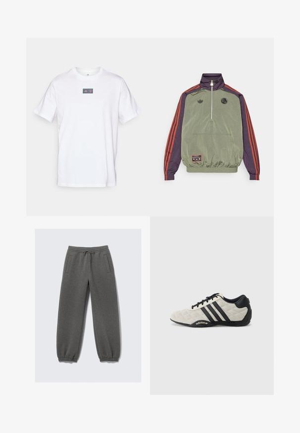 adidas Originals FC BAYERN MUNICH ICON HALFZIP JACKET - Fanartikel - base green/aurora black; Witte katoenen t-shirt met een ronde hals. Heeft een rechthoekig logo met een rood en blauw ontwerp op de borst. Korte mouwen. Standaard pasvorm.; Grijze sweatpants van zacht materiaal, met een trekkoord in de taille, elastische boorden en zijzakken. Rechte pasvorm.; Adidas sportschoen met een gestructureerde, lichtgrijze bovenkant en zwarte leren accenten. Voorzien van een zwart drie-strepenlogo en een gevoerde zool.