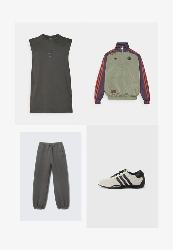 adidas Originals FC BAYERN MUNICH ICON HALFZIP JACKET - Kluba apģērbs - base green/aurora black; Tumši pelēks bez piedurknēm T-krekls, izgatavots no mīkstas kokvilnas. Uz krūtīm ir melna izšūta vērša logo. Vienkāršs, brīvs piegriezums.; Pelēki sporta bikses no mīksta auduma, ar auklu jostu, elastīgiem bikšu galiem un sānu kabatām. Tieša kājas forma.; Adidas sporta apavi ar teksturētu, gaiši pelēku virsmas materiālu un melniem ādas akcentiem. Iezīmēti ar melno trīs svītru logotipu un mīkstinātu zoli.