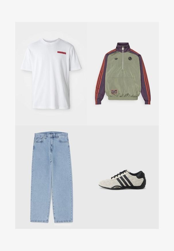 adidas Originals FC BAYERN MUNICH ICON HALFZIP JACKET - Kluba apģērbs - base green/aurora black; Baltas kokvilnas T-kreklus ar apaļu kaklu, īsām piedurknēm un mazu sarkanu grafikas detaļu kreisajā krūtīs.; Gai zila džinsu bikses ar taisnu kāju dizainu, kas piedāvā vidēju vidukļa augstumu, piecas kabatas un pogas un rāvējslēdzēja aizdari.; Adidas sporta apavi ar teksturētu, gaiši pelēku virsmas materiālu un melniem ādas akcentiem. Iezīmēti ar melno trīs svītru logotipu un mīkstinātu zoli.